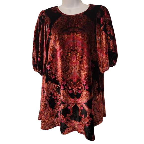 Free People XS Velvet Tunic Top Puff Sleeve Keyhole Back MAYE - Picture 1 of 8